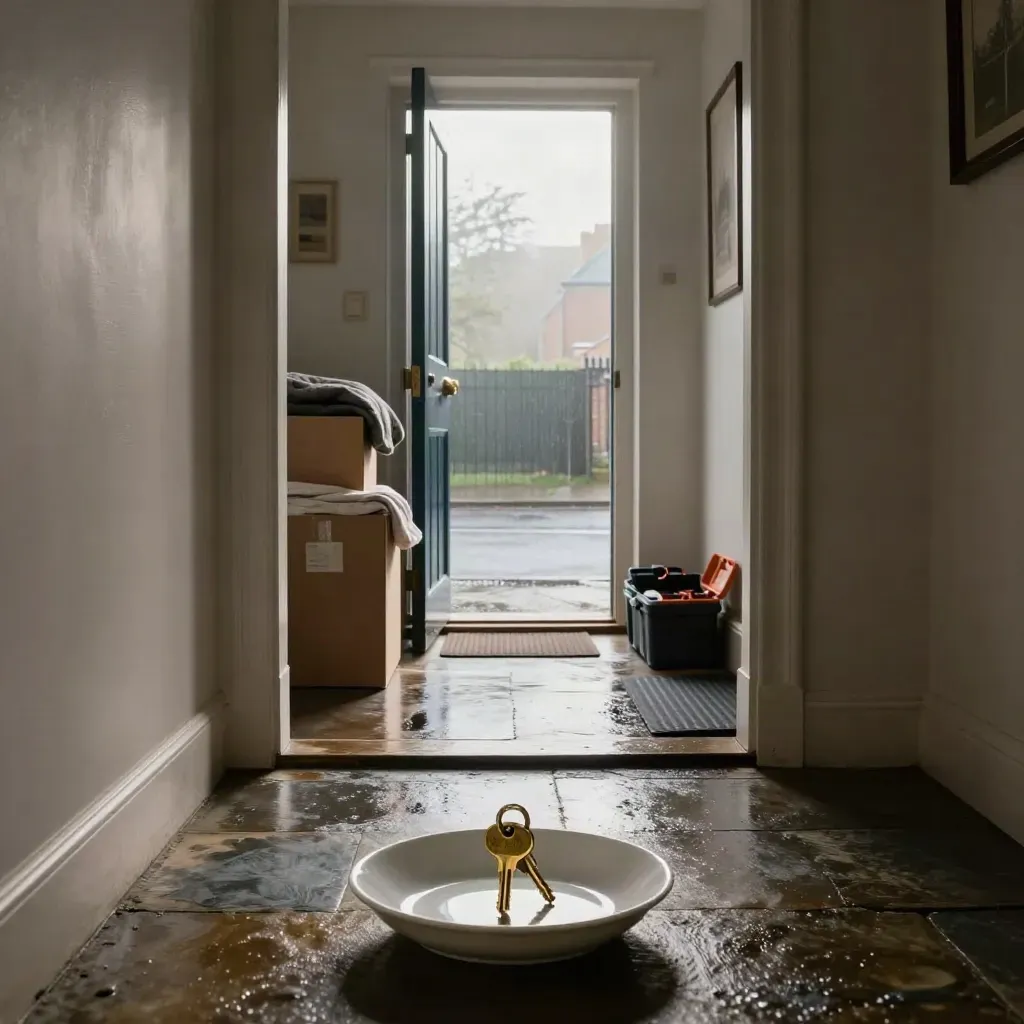 UK terrace hallway with keys, moving boxes, repair kit, and an open wet front door at dawn