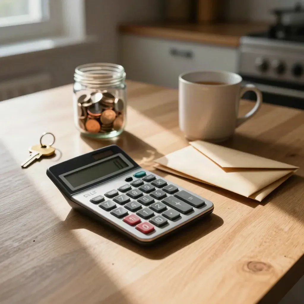 Kitchen table budget check with calculator, coin jar, keys, envelopes and mug in warm window light.