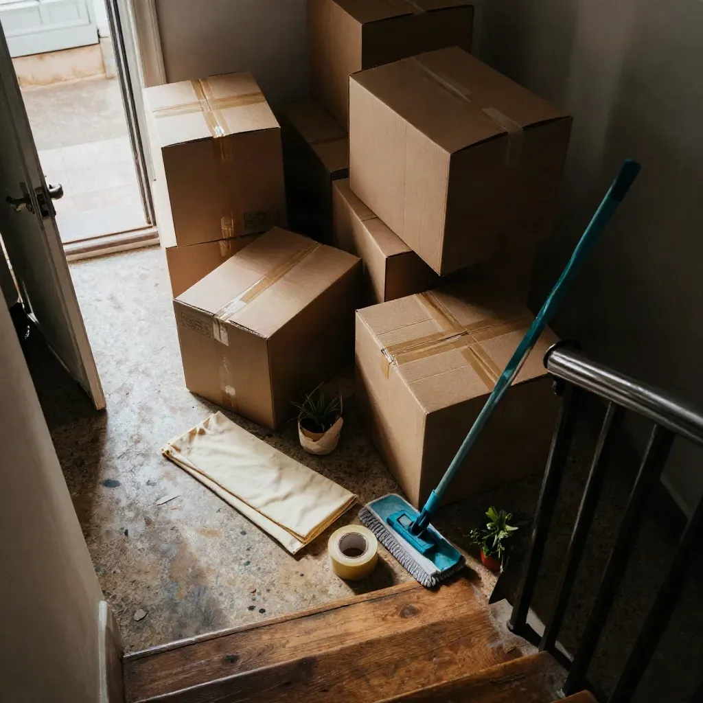 Overhead of a packed moving landing with boxes, mop, tape and a wrapped plant on worn steps.