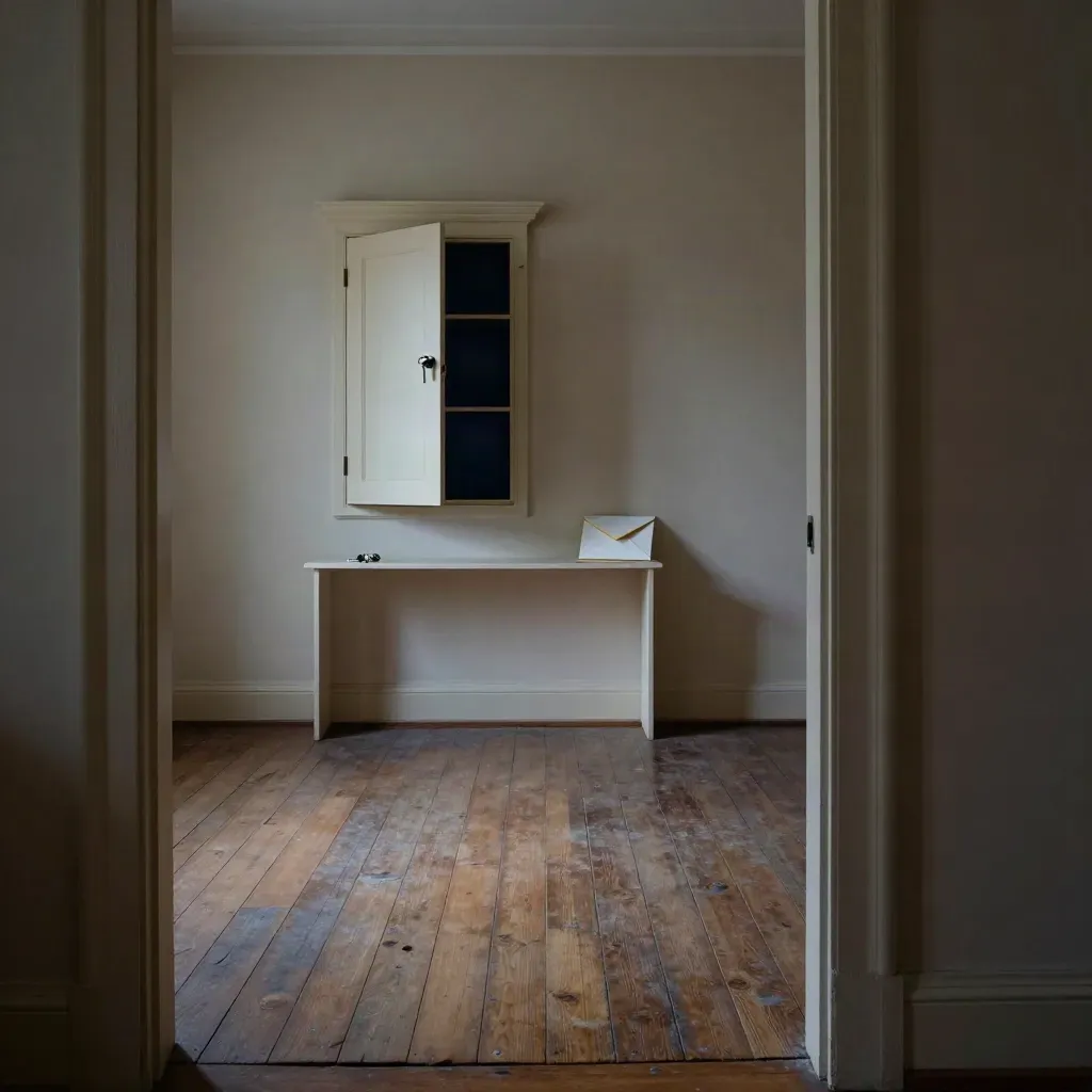 Empty front room at dusk with keys, utility envelope, and meter cupboard ajar