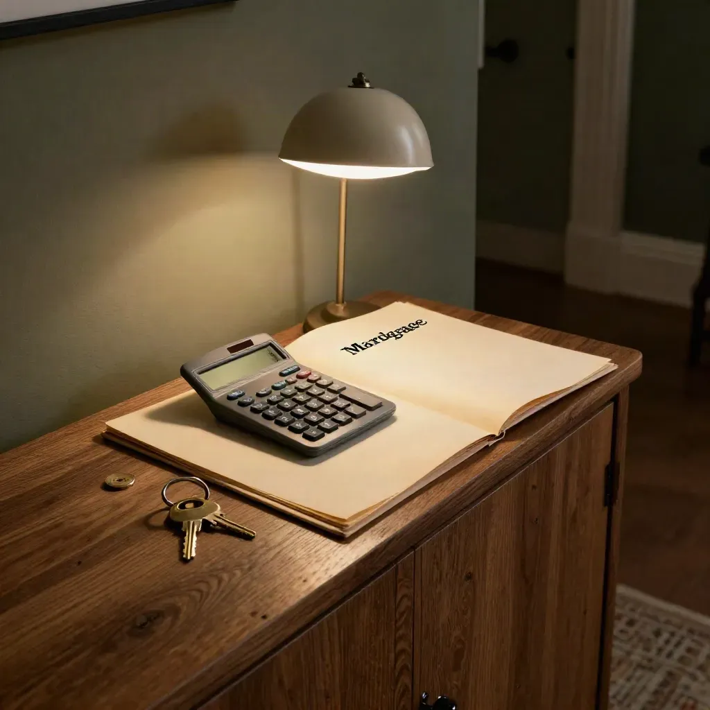 Dark hallway console with calculator, closed folder, keys and lamp light for mortgage basics.