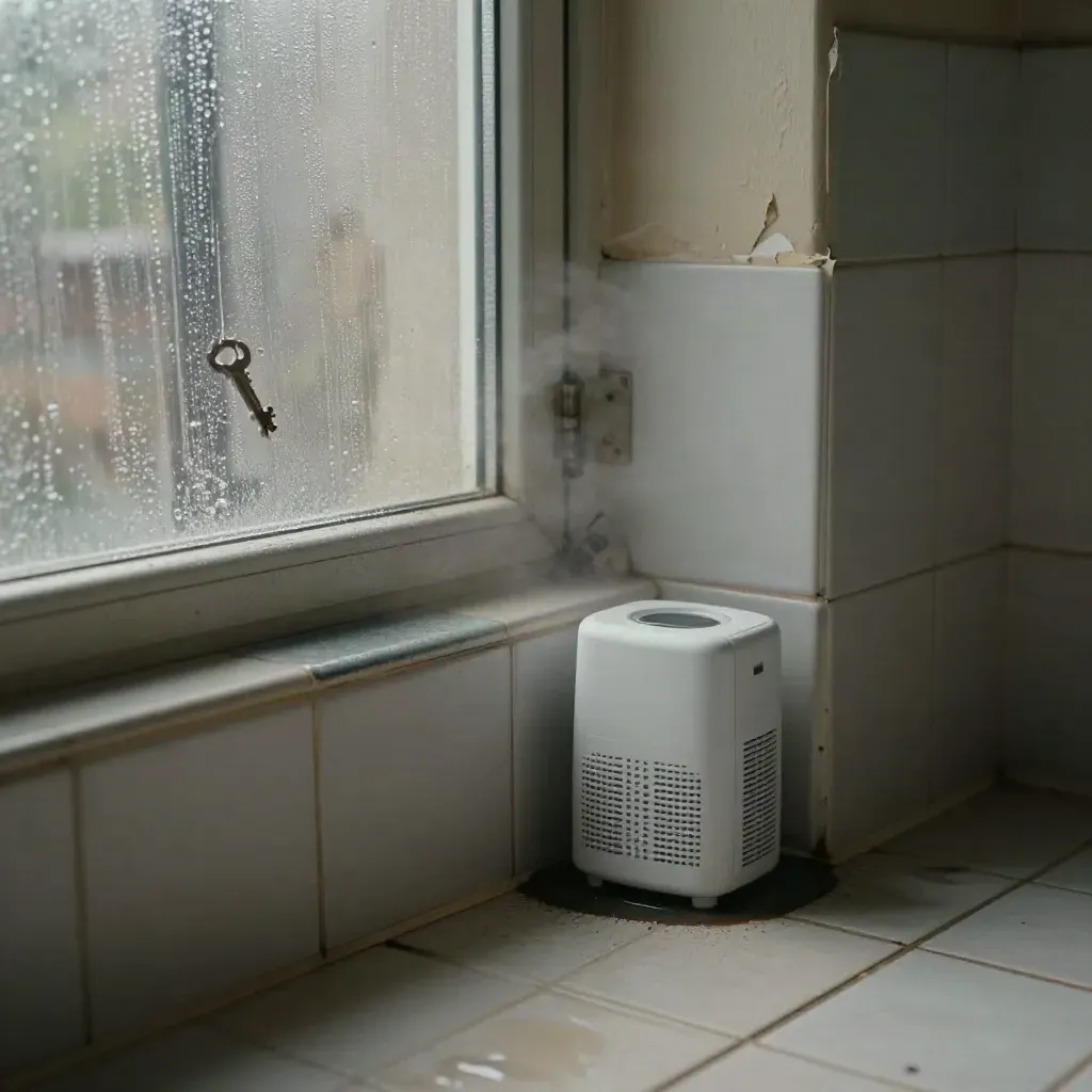 Moody bathroom ledge with condensation, peeling paint, dehumidifier and damp grout