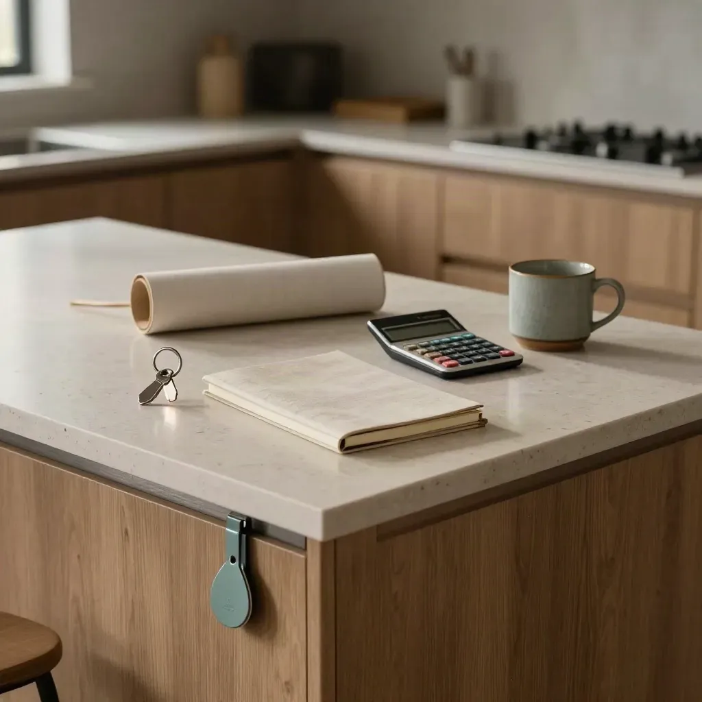Kitchen island with buyer pack items and keys in warm morning light.