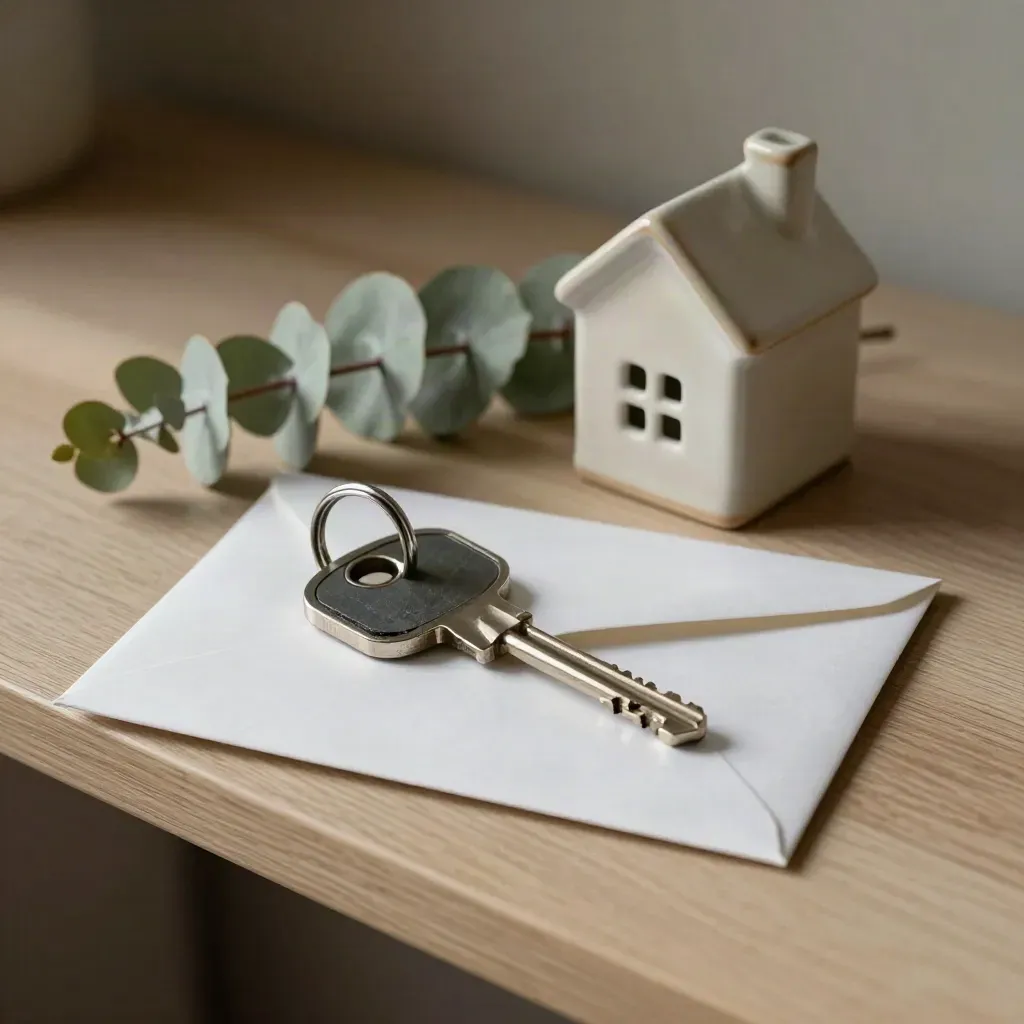 House key, sealed envelope, ceramic house and eucalyptus on pale wood in moody side light.